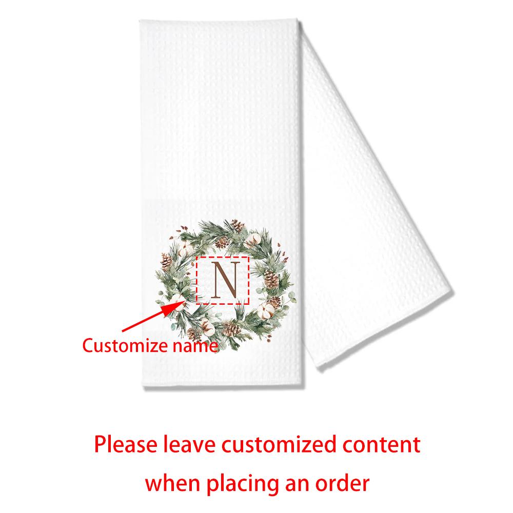 

Custom Monogram Christmas Wreath Waffle Tea Towel Kitchen Hand Towel Housewarming Hostess Gift Farmhouse Winter Table Decor 1pcs 30x70cm
