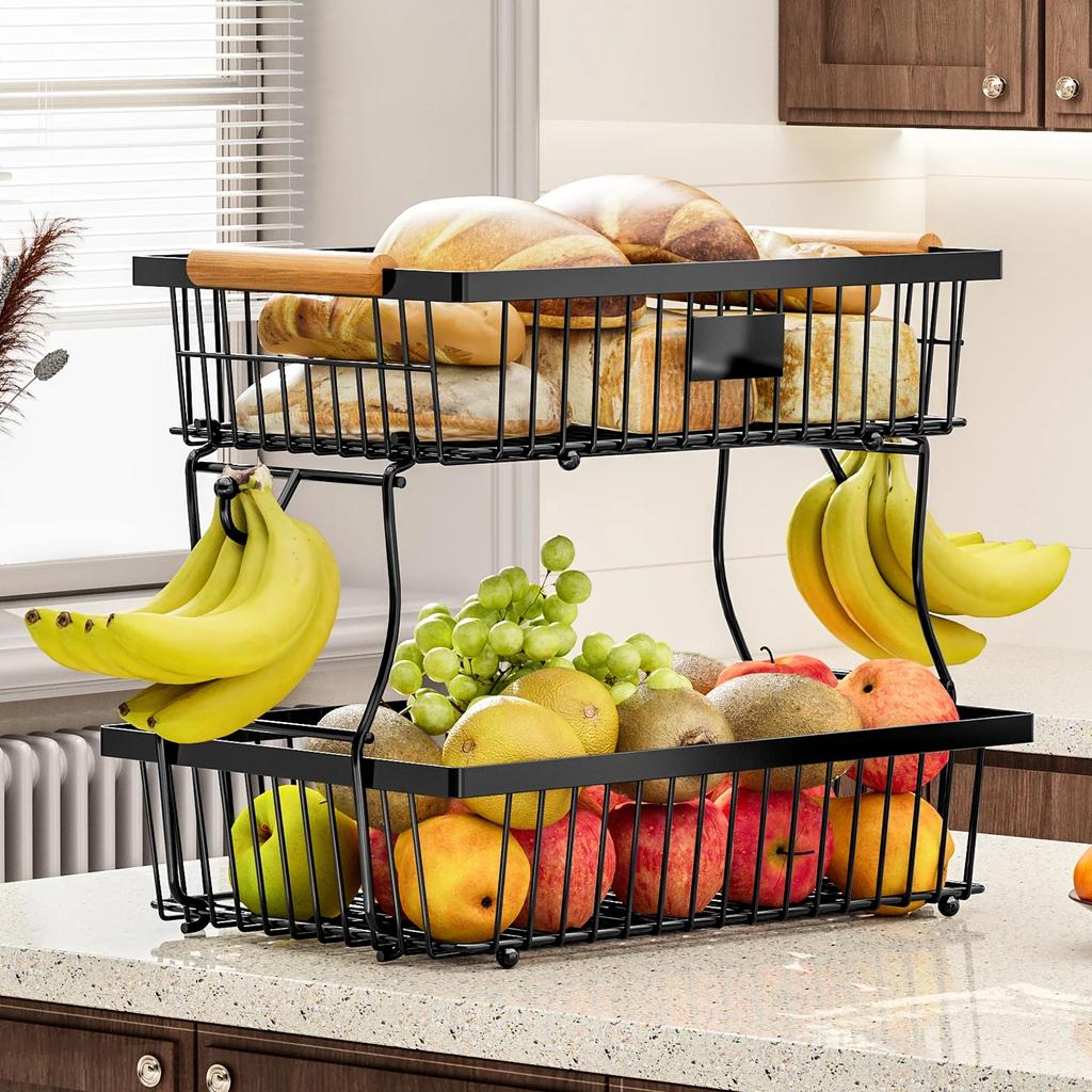 2-Tier Fruit Vegetable Basket,Organizer for Bread Vegetable Detachable ,Large Capacity Storage Stand,Black