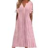 Vestido Midi Feminino com Ilhós, Ombro a Ombro, Manga Curta de Verão, Decote V, Botões, Solto, Casual, Corte A, com Bolsos