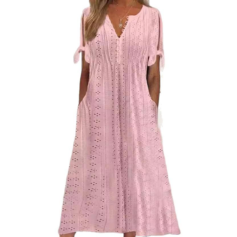 Vestido Midi Feminino com Ilhós, Ombro a Ombro, Manga Curta de Verão, Decote V, Botões, Solto, Casual, Corte A, com Bolsos