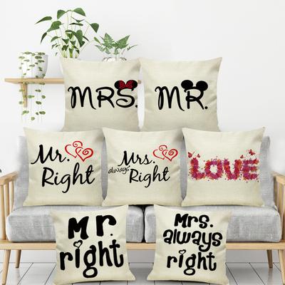 Valentine's Day Couple Letters Mr Mrs Linen Pillow Cushion Cover Casual Couple's Pillow