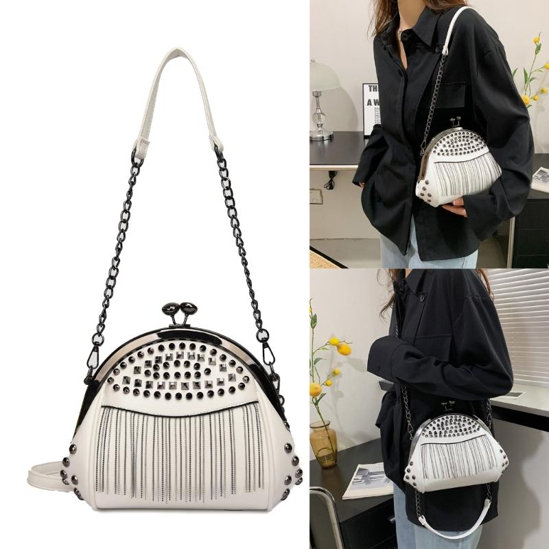 Womens Chain Shoulder Bag PU Leather Handbags Tassels Rivets Crossbody Bag Fashion Messenger Bag Seashells Bag for Daily