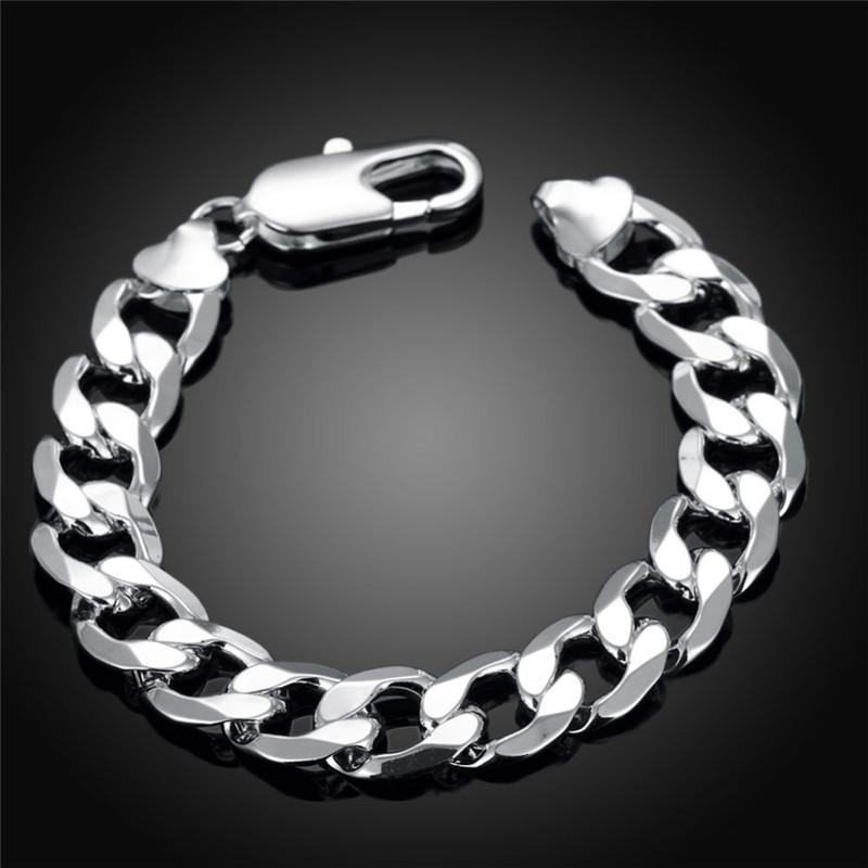 Noble 925 Sterling silver solid bracelet 12MM chain women Men Silver Jewelry fashion beautiful hot Figaro ChainGood product