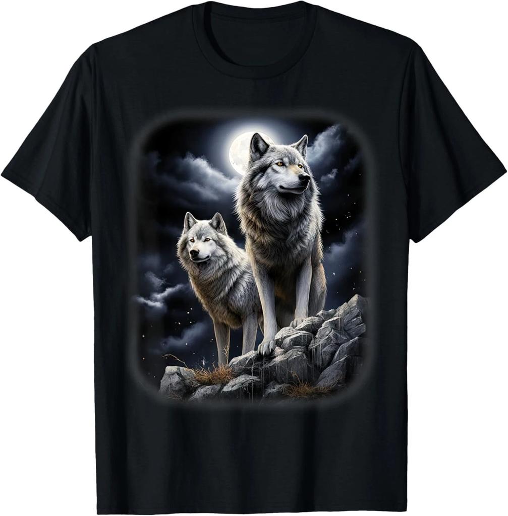 Gray Woves On Hill by Moon and Universe Fantasy Art Wildlife T-Shirt