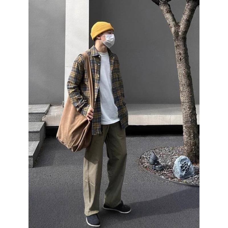 Unisex Retro Plaid Color Block Loose Long Sleeve Shirt with Raw Hem