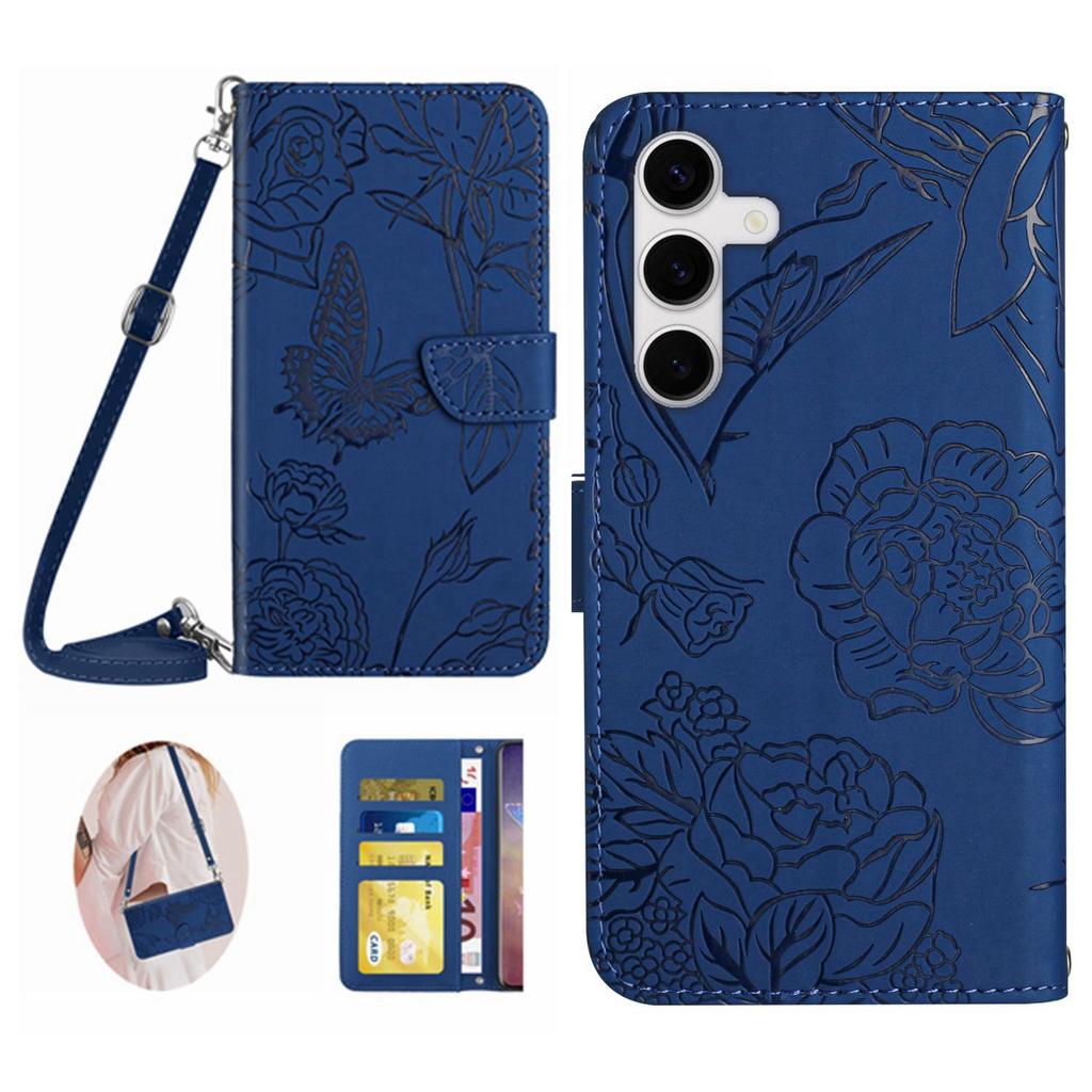 For Samsung Galaxy S25 FE Case Butterfly Flower Imprint Leather Phone Cover with Shoulder Strap