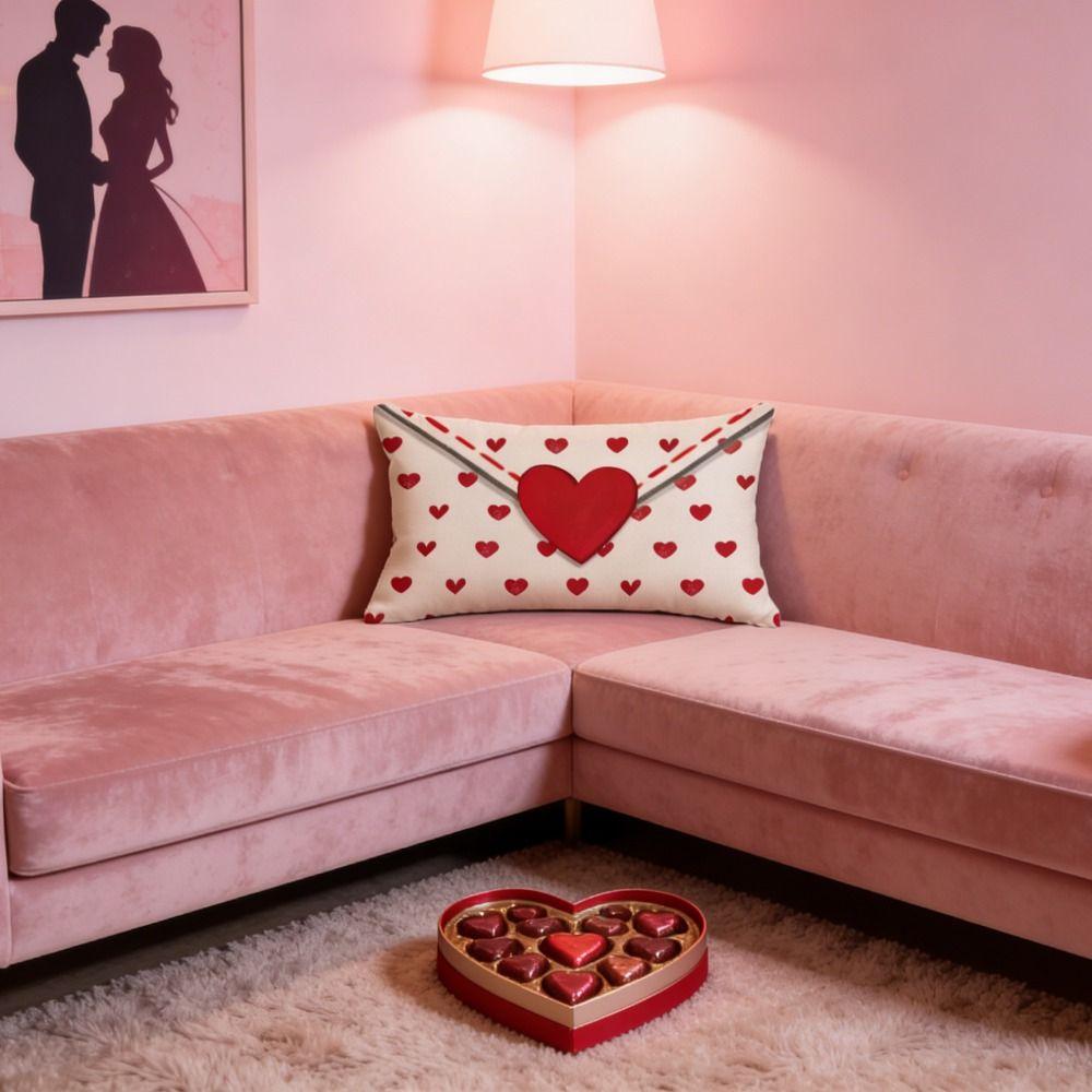 Soft Love Heart Pillow Cover Comfortable Linen Valentine's Day Love Pillowcase Rectangular Couple Love Cushion Cover Cushions