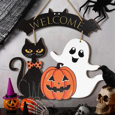 High Quality Halloween Decorative Wooden Sign with Black Cat, Pumpkin and Ghost -"Welcome" Design for Door Hanging for Halloween