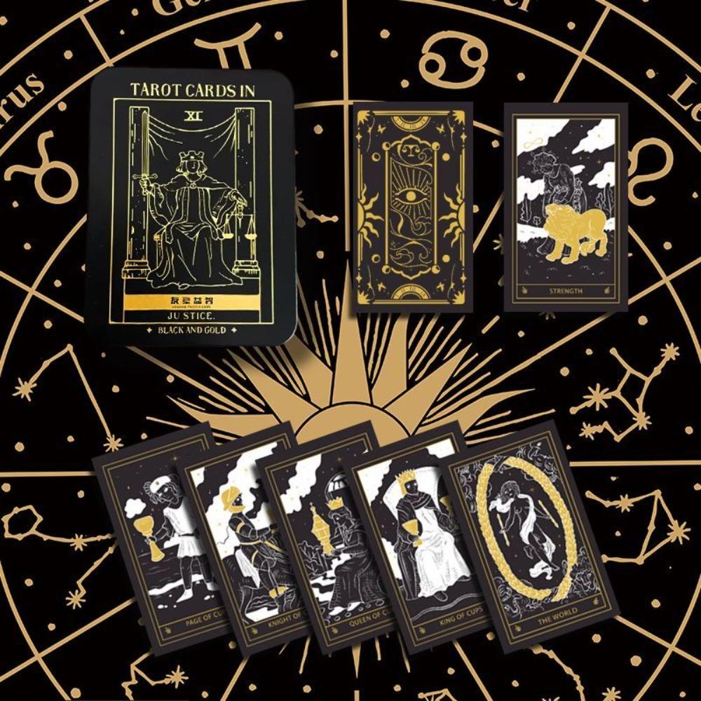 Mystic Noir Elegant Black & Gold Tarot Deck 10*6cm, Full 78-Card Set in Metal Tin, Travel-Size Deck for Wisdom and Guidance