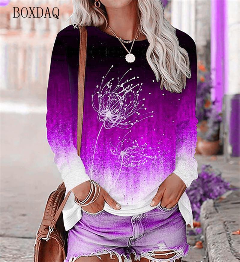 Dandelion Pattern Women's T-shirt Spring and Autumn Long Sleeve Gradient Round Neck Top