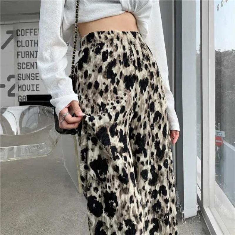 Leopard Print Wrinkled Wide Leg Women's Summer New Patchwork Tie Dye Elasticized High-waisted Loose Straight Casual Pants