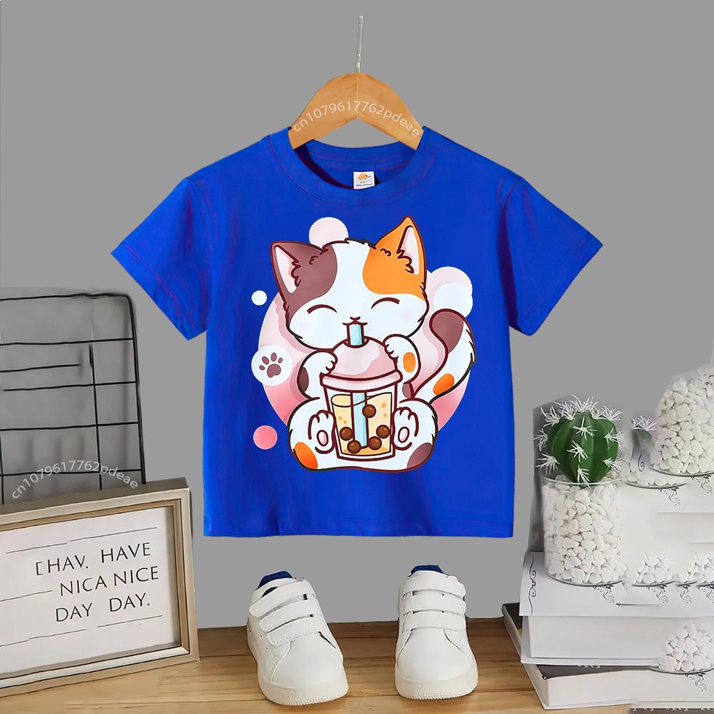 Kinder Sommer 100% Polyester T-Shirt Katze trinkt Milch kleines Mädchen Baumwoll-T-Shirt Jungen Mädchen Harajuku Top Baumwoll-T-Shirt Top