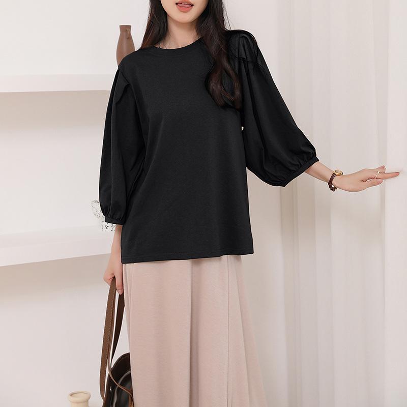 

Футболка из чистого хлопка для женщин, свежая, дышащая, с рукавами-фонариками, с круглым вырезом, однотонная, с рукавами 7 четвертей, для женщин L