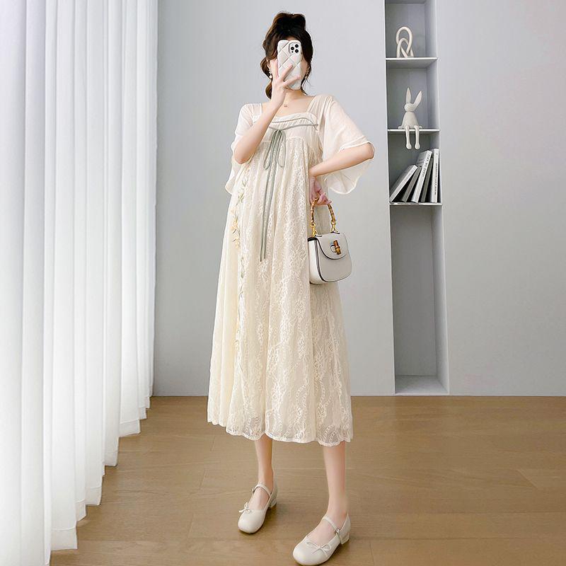 Maternity Chiffon Embroidered Qipao Dress - Summer Style, Plus Size, Loose Fit