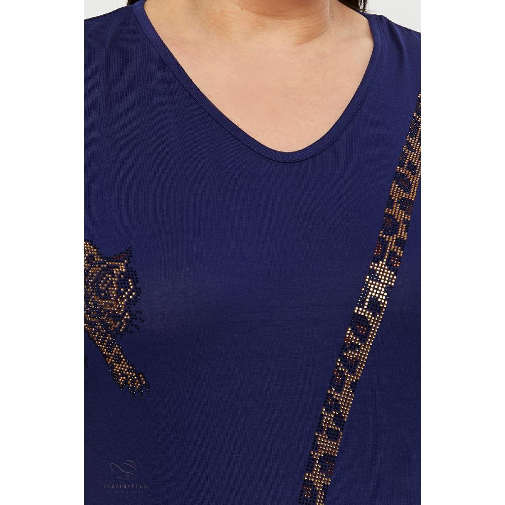 Large Size New Season Casual Comfort Model Stripe Sequin Patterned Short Sleeve V-neck Combed Cotton Tunic T-shirt