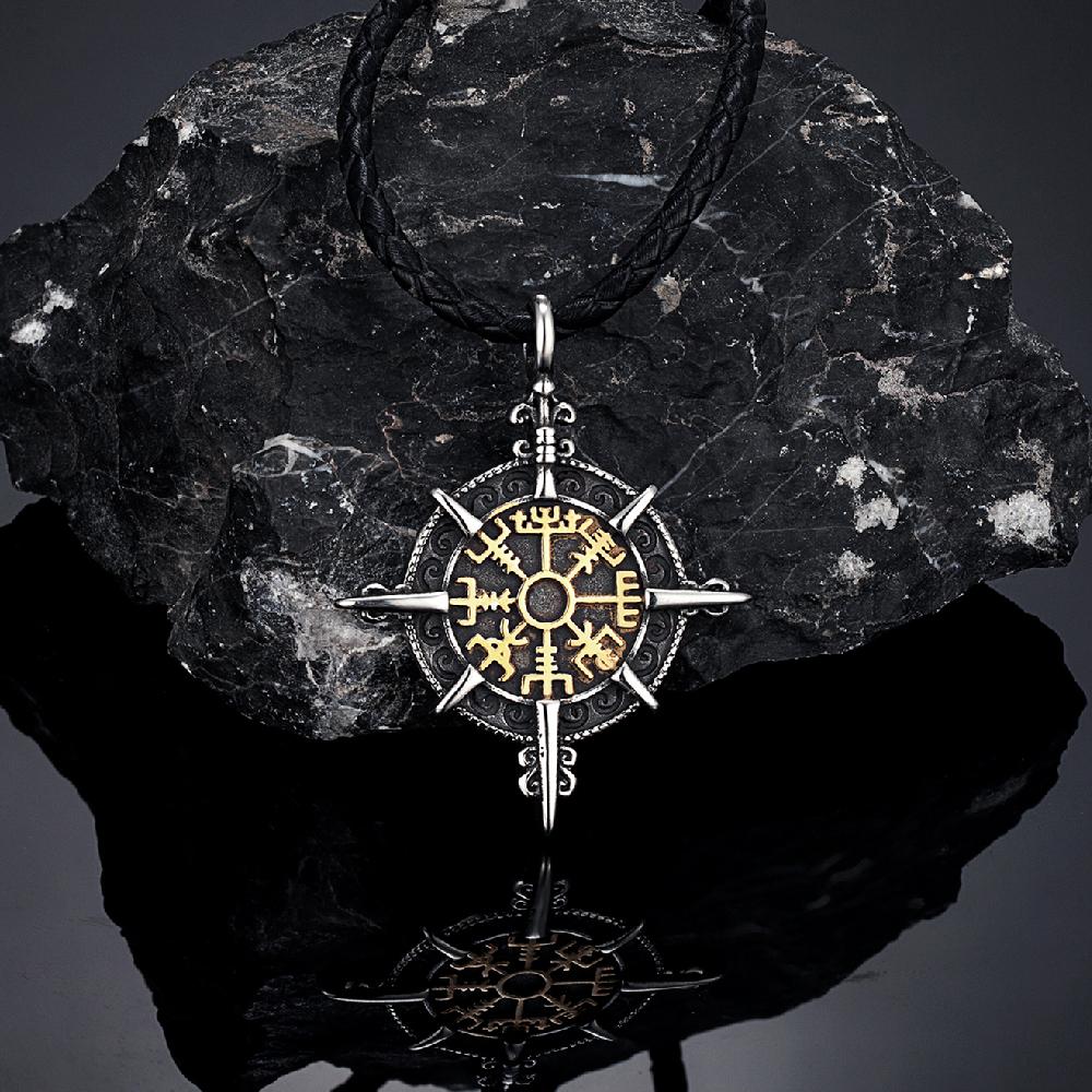 Retro Gold Vikings Compass Necklace Men Stainless Steel Norse Rune Amulet Pendant Vegvisir Jewelry