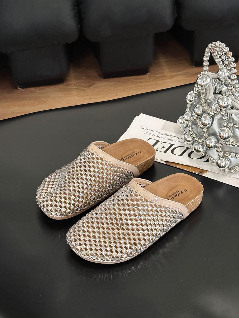 2025 summer rhinestones full diamonds fishing net baotou big head baotou half slippers sandals toboken shoes flat women's shoes
