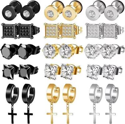 15 Pairs Stainless Steel Zircon Cross Barbell Stud Earrings Set for Men