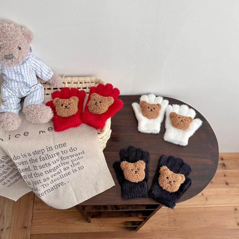 Stylish Fleece Baby Gloves Comfortable Winter Mittens with Lovely Bear Pattern Elastic Handwear Suiatble for Children