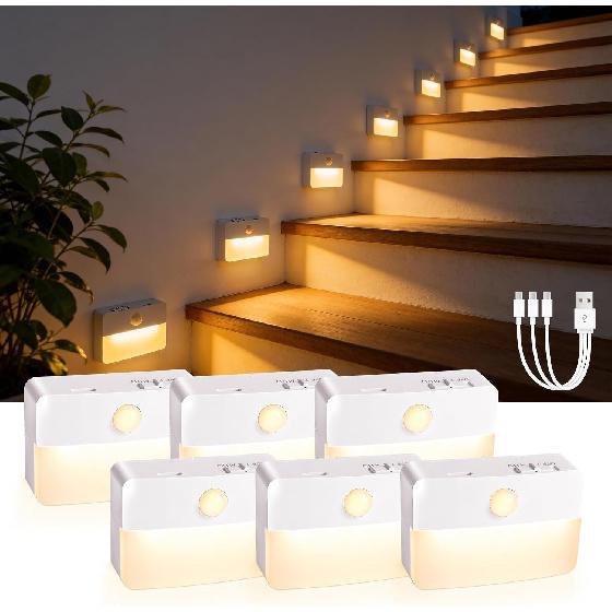 6 Pack Rechargeable Stair Lights Indoor, Motion Sensor Night Light | Automatic Activated, Magnetic, Battery Operated LED Wireless Lamp for Step
