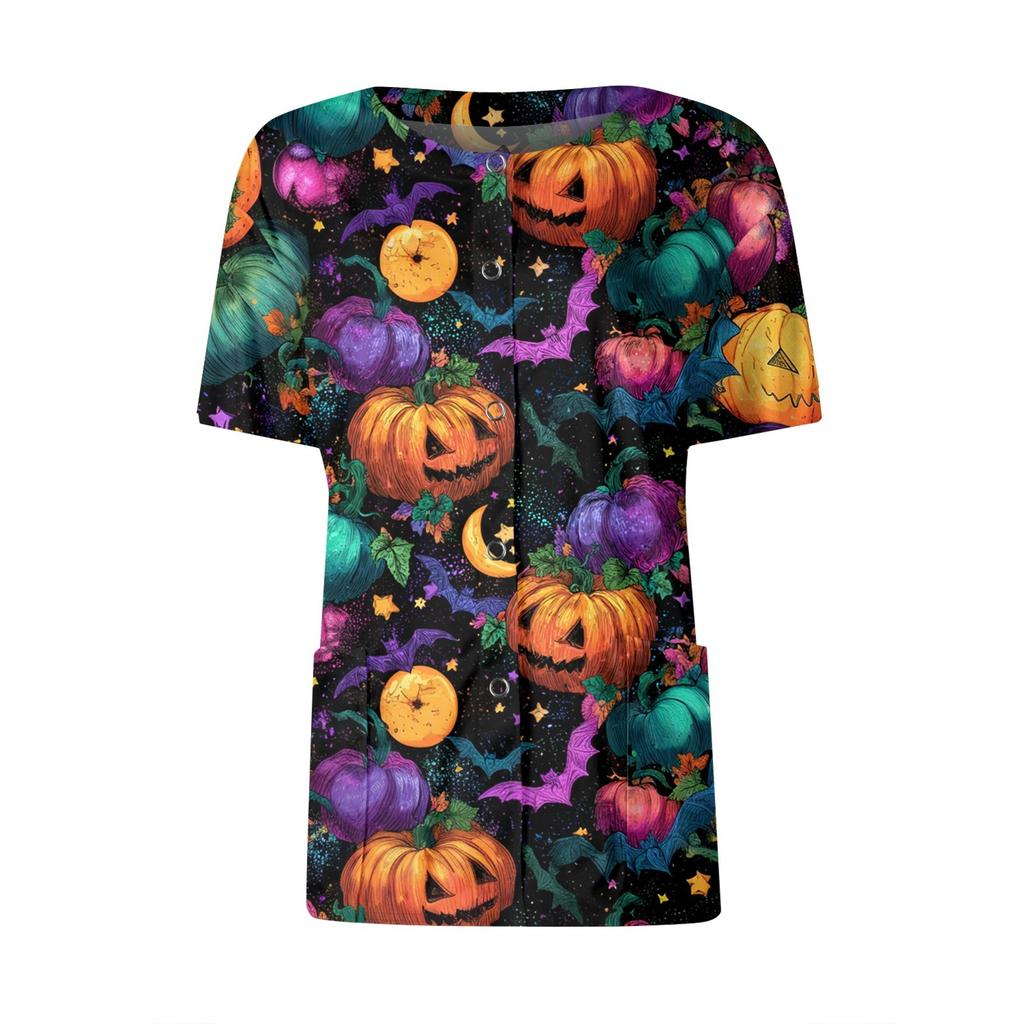 Women's Short Sleeved Patterned Pockets, Work Print Stand Up Collar, Single Breasted Protective Clothing, Cardigan Jacket, Top