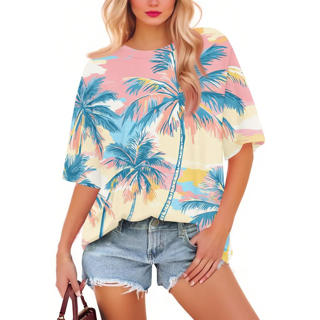 Women's Fashion Casual Floral Loose Round Neck Short Sleeve Trendy Holiday T-shirt Top