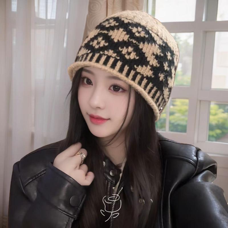 Retro, Diamond Grid Knitted Woolen Hat, Women, Winter, Big Head Circumference, Small Face, Warm and Cold Proof, Hooded Hat, Winter Warm Hat