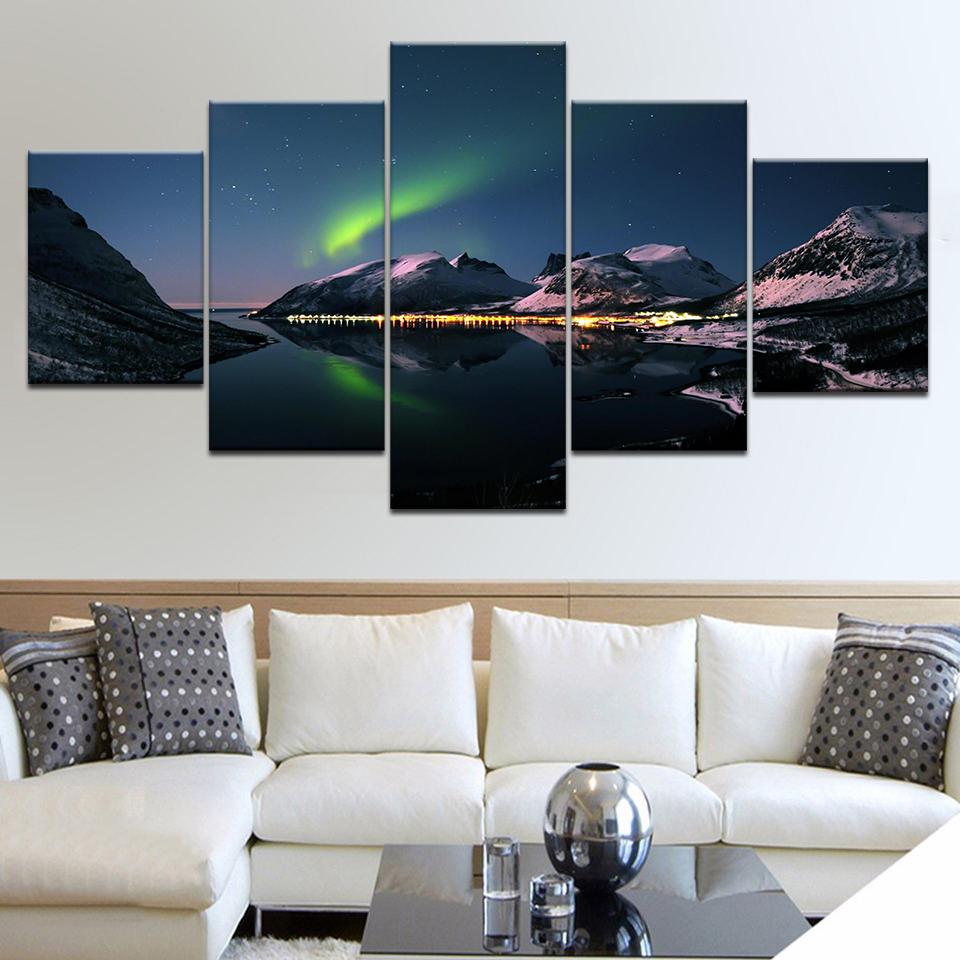

5 Panel HD Print Snow mountain aurora borealis night Landscape Print On Canvas Art Painting For home living room decoration 20x35 20x45 20x55cm