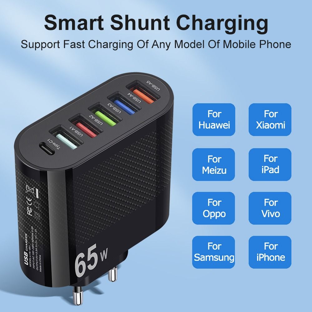 5 Ports Quick Charger Adapter 65W 65W GaN Charger Fast Charging Mobile Phone Adapter  Mobile Phone