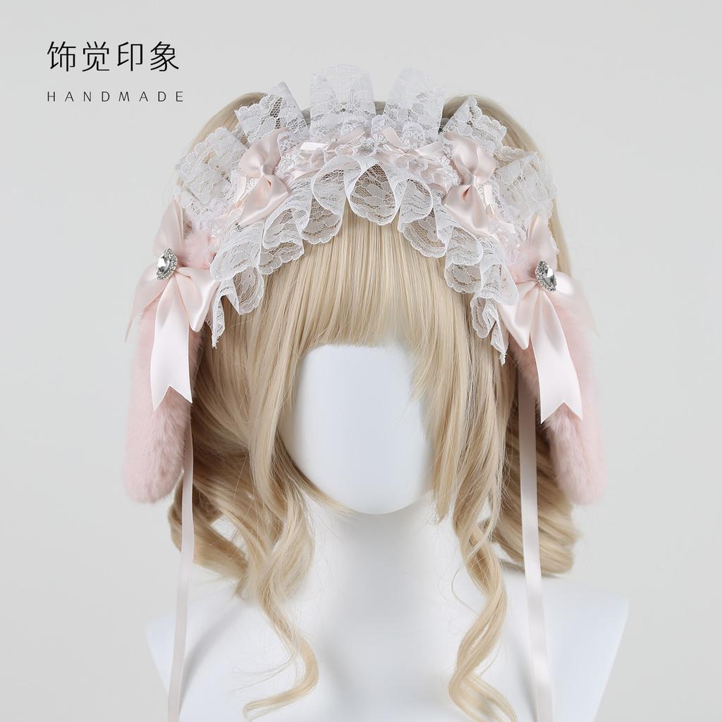 Sweet Lace Bow Handmade Headdress Pink Lolita Headband Top Hat Kc Set