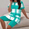 Fashion O-neck Short Sleeve Plaid 2 Piece Set Women Summer Casual Home Print Tops and Shorts Two Piece Outfits Woman