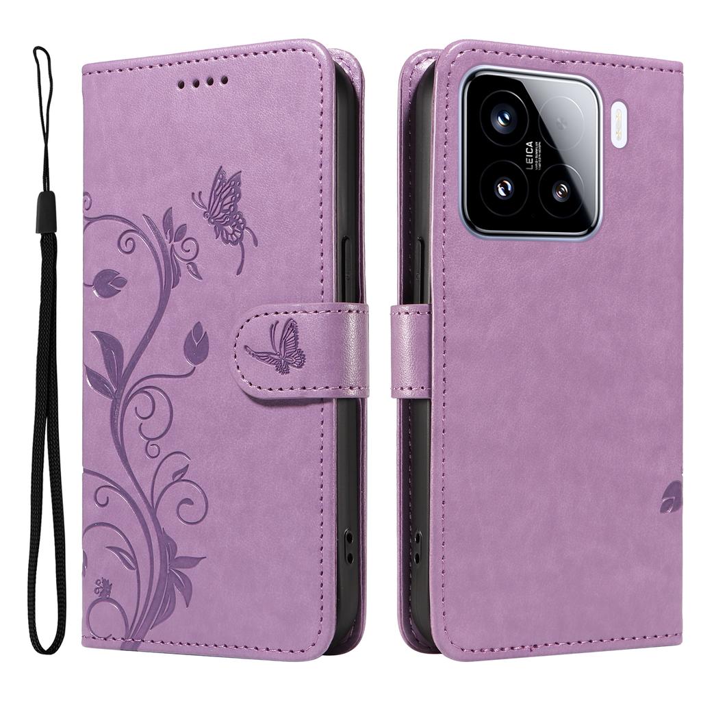 For Xiaomi 15 PU Leather Cases Flower Pattern Wallet Stand Phone Cover with Strap