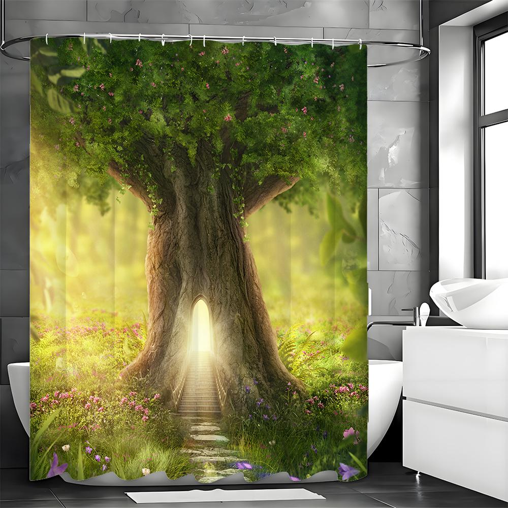 Forest Tree Hole Shower Curtain, Bathroom Decorative Shower Curtain, Waterproof Shower Curtain with Hooks