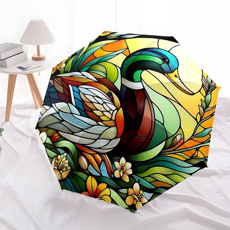 1pc Stained Glass Duck Design Automatic Opening Folding Umbrella with 8-Bone Iron Frame - Perfect for Outdoor Use, Festive Gifts, Travel, Daily Use, a