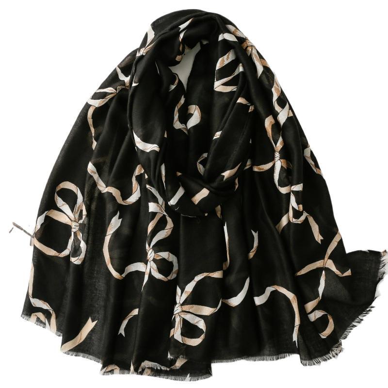 Spring and Summer Cotton and Linen Scarf Rabbit Ear Knot Bow Chain Fur Edge Scarf Warm Shawl