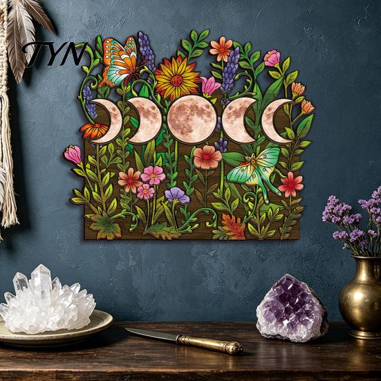 Rustic Bedroom Decor Boho Moon Mushroom Wall Hanging Decor, Vintage Forest Multi-Layer Wooden Plaque, Floral Nature Inspired Art Butterfly Themed