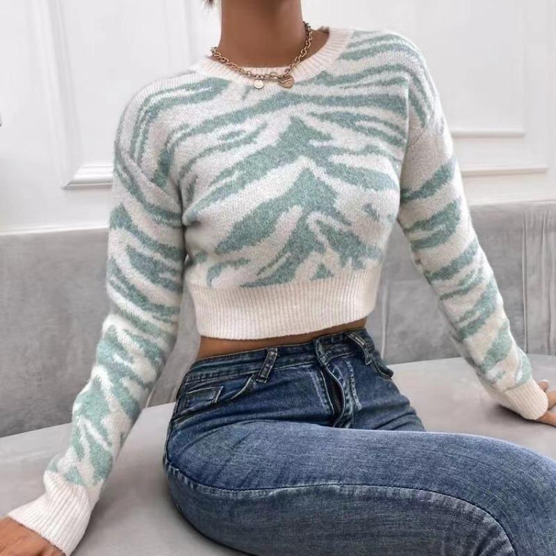 Women's Temperament Casual Slim Short Sweater New Color Collision Wave Pattern Wool Knit Sweater Tops