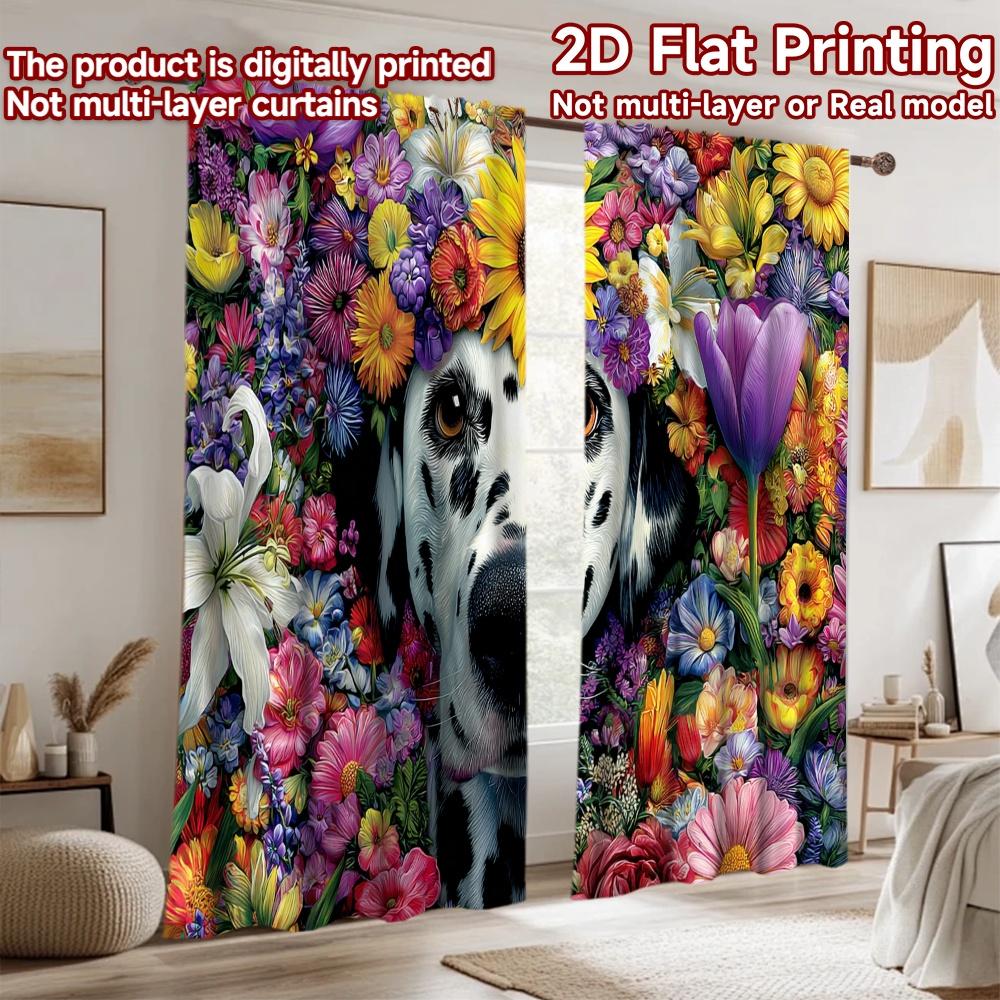 2D flat printing 2pcs Window Curtains Dalmatian Dog Flower Crown Digital Printed Polyester Drapes Family Party Perfect for Room