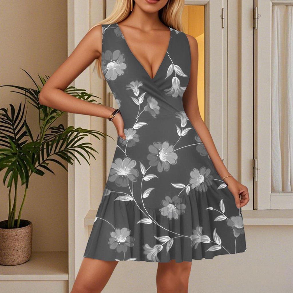 Women's Summer Dress V Neck Sleeveless Casual Floral Print Hem Pleated Dress