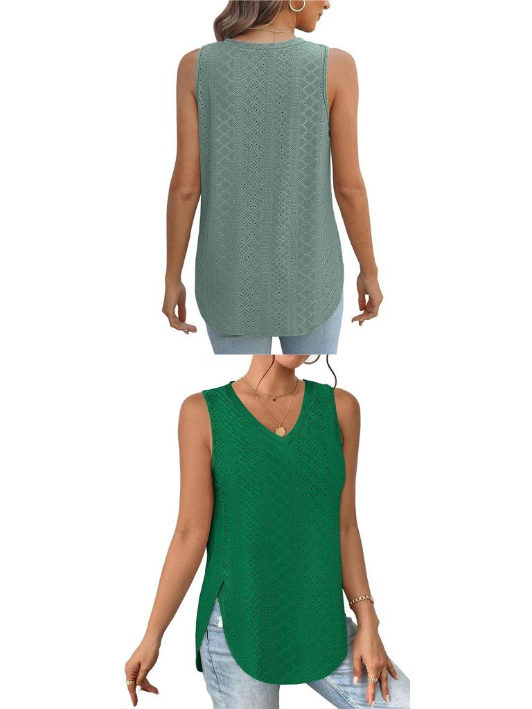 Spring/Summer V-Neck Sleeveless Eyelet Jacquard Women's Casual Vest Top