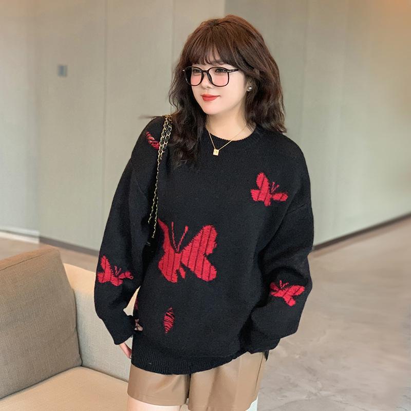 XHK2568 Plus Size Women's Winter Sweater - Hollow Out Butterfly Design, Soft and Cozy