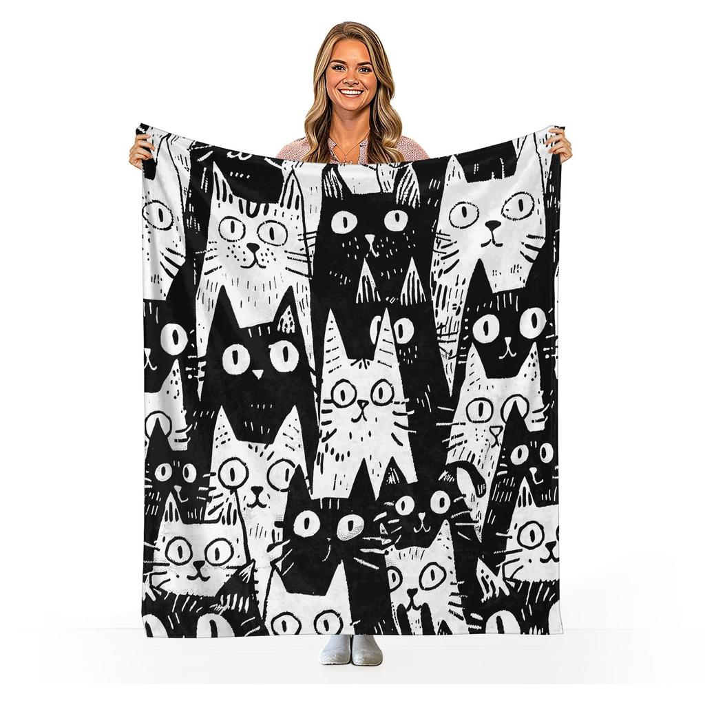 Cute cartoon black cat digitalprinted polyester Bedroom velvet flannel cover blanket Fleece soft sofa cover blankets for beds