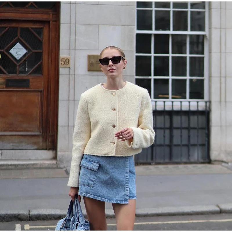 Осенний элегантный твидовый пиджак женский винтажный шерстяной однобортный с круглым — фото 12