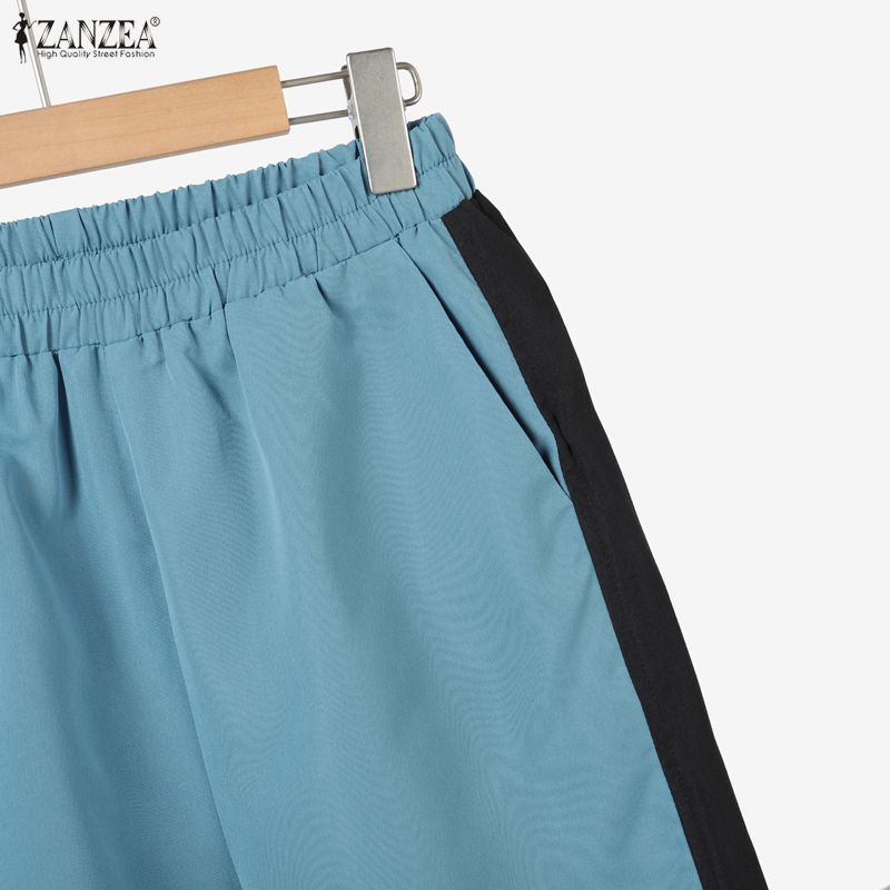 ZANZEA Damen Langarm Patchwork Bluse und Hose Lässige Zweiteilige Anzugsets