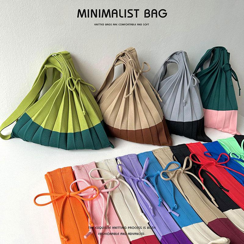 New Knitted Pleats Tote Bag Designer Chic Stitching Contrast Korean Retro Fashion Women Shoulder Shopper Handbag Foldable