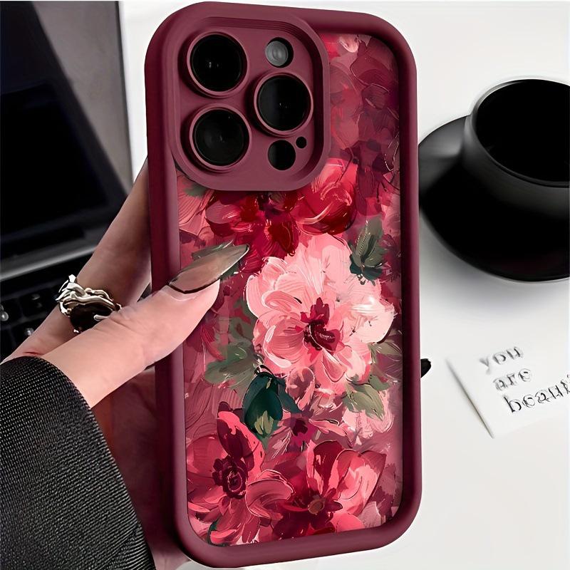 Rosa Blumenölmalerei Handyhülle, Kompatibel mit Apple 13, 15, 16 Pro Max, Sturzfest, Weiches Silikon, Mattes Finish.
