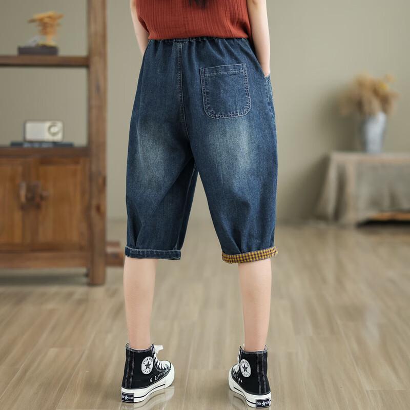 LANGSHA Pantalons Capri en Jean Amples Brodés pour Femme