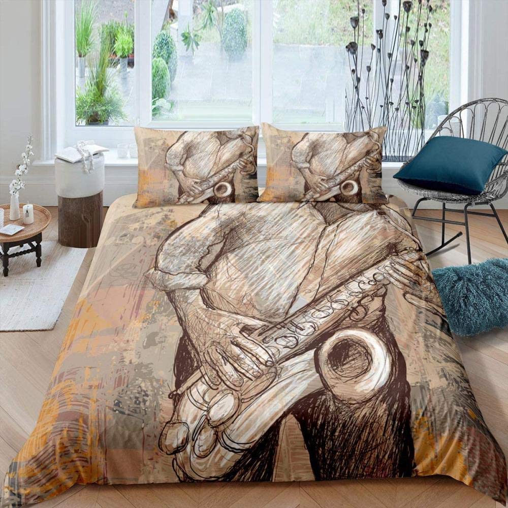 Saksofon Zestaw Poszewki na Kołdrę Obracające się Nuty Muzyczne Zestaw Pościeli Instrument Muzyczny Motyw Retro Muzyki Jazzowej Pojedyncza Poszwa na Kołdrę Dla Dzieci