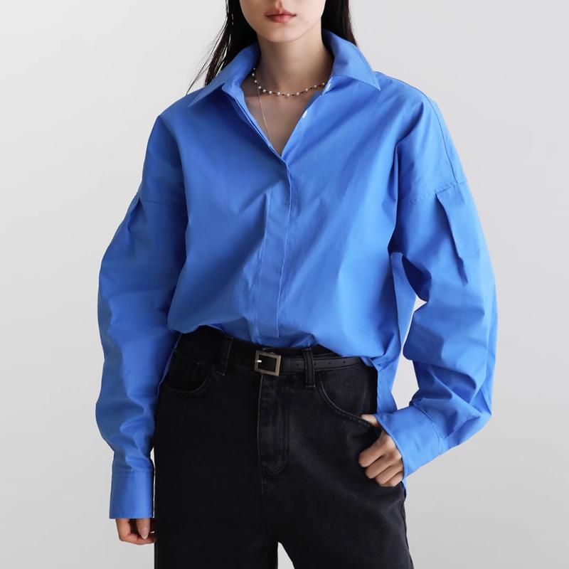 

Johnature повседневная модная рубашка женская весна лето корейская свободная облегающая рубашка с отложным воротником простые рубашки XL синий