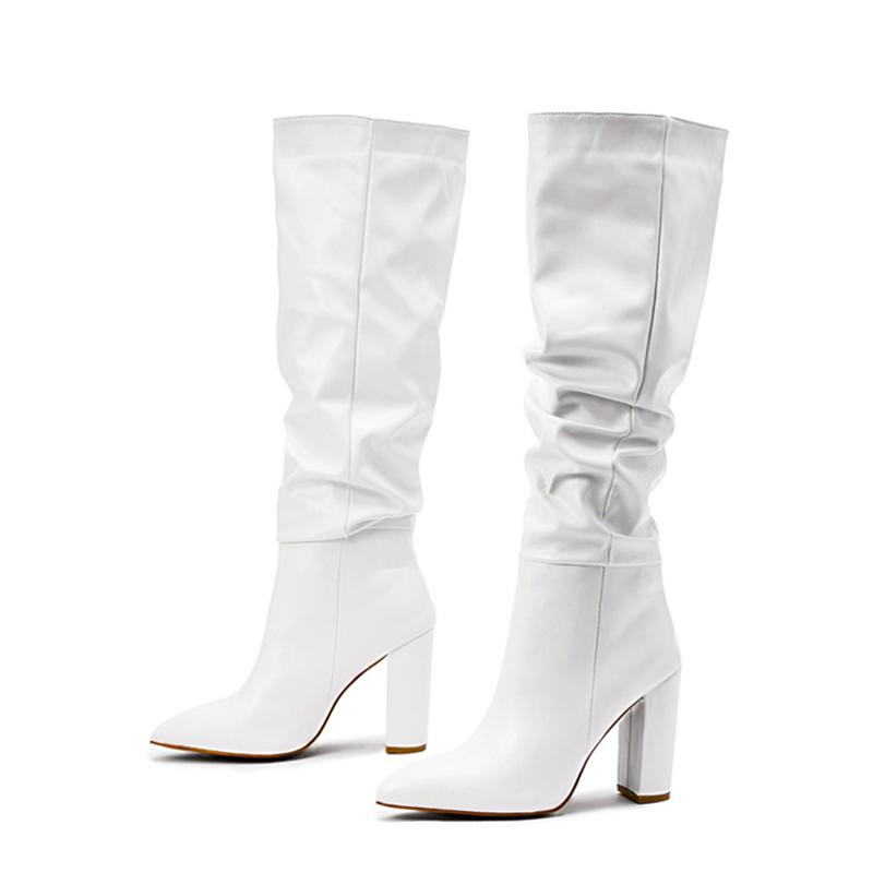 Fashion Liyke Sexy Pointed Toe Motorcycle Knee High Boots Women Black Pleated Leather Square High Heels Party Stripper Shoes Booties